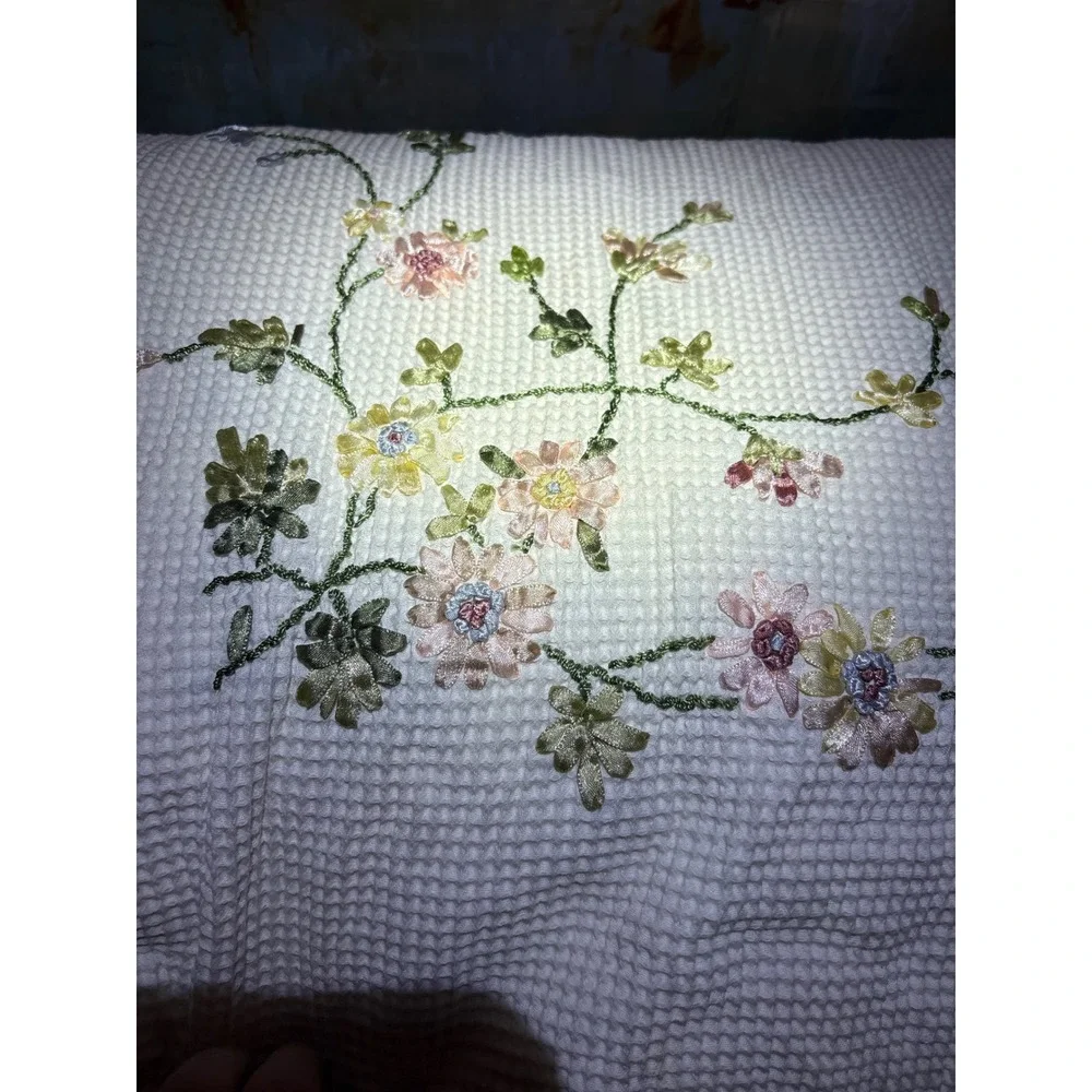 JCPenney Home White Waffle Weave Ribbon Floral Embroidered Shower Curtain